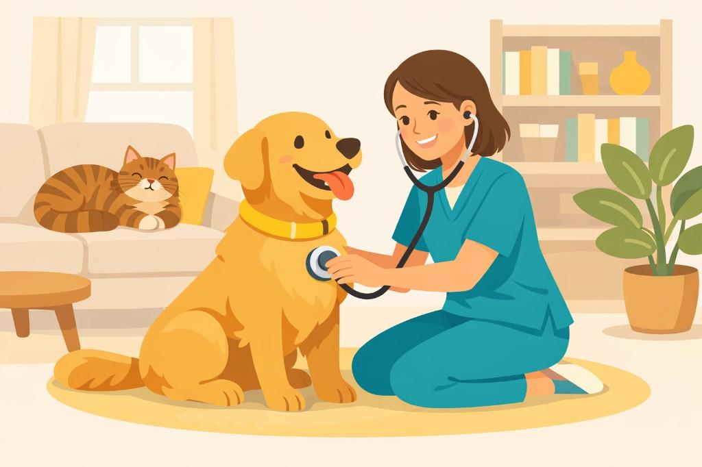 A veterinarian examining a relaxed dog at home