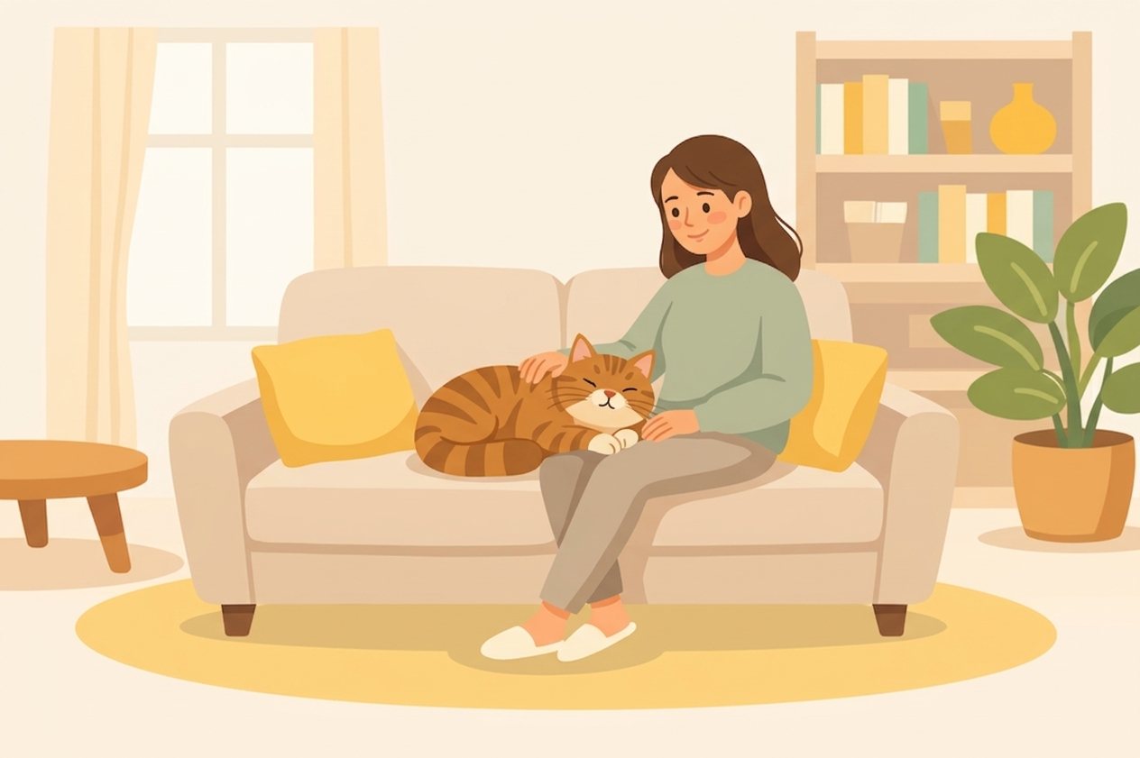 A pet parent relaxing at home with their dog