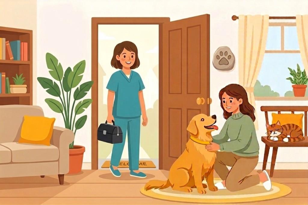 A veterinarian arriving at a family's front door